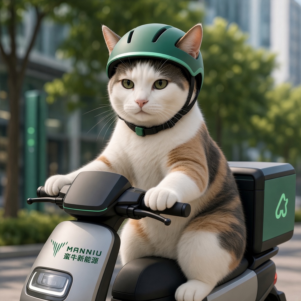 戴头盔骑电动车的蛮牛品牌猫，象征安全绿色出行